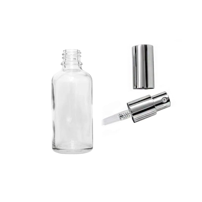 30ml Clear Glass Dropper Bottle with Silver Lotion Pump with Silver Over Cap