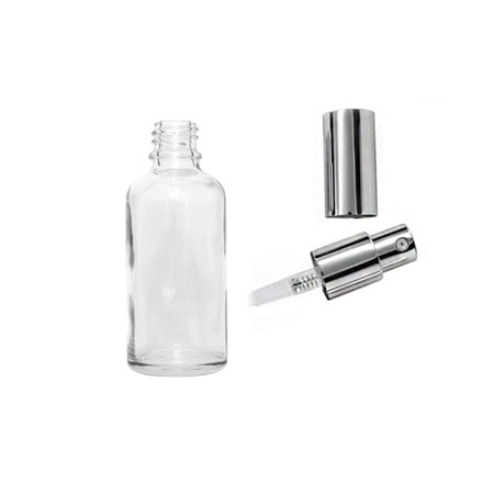 30ml Clear Glass Dropper Bottle with Silver Lotion Pump with Silver Over Cap