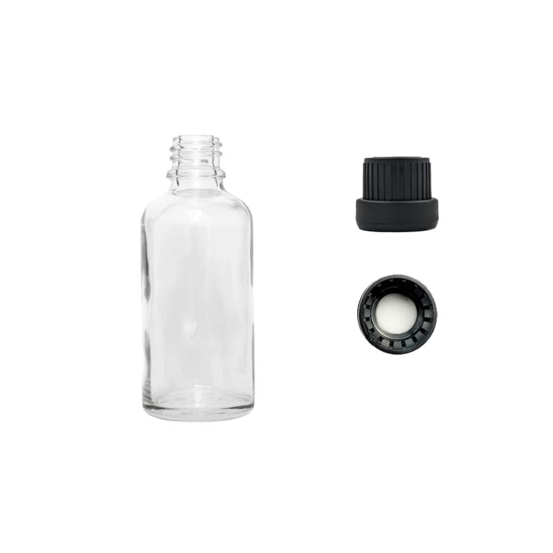 30ml Clear Glass Dropper Bottle with Tamper Evident Ribbed Black Cap and EPE Liner (Type III)