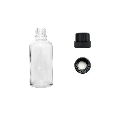 30ml Clear Glass Dropper Bottle with Tamper Evident Ribbed Black Cap and EPE Liner (Type III)