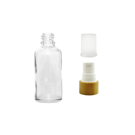 30ml Clear Glass Dropper Bottle with White Atomiser with Bamboo Collar and Clear Over Cap