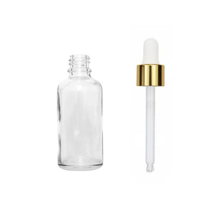 30ml Clear Glass Dropper Bottle with White & Gold Dropper