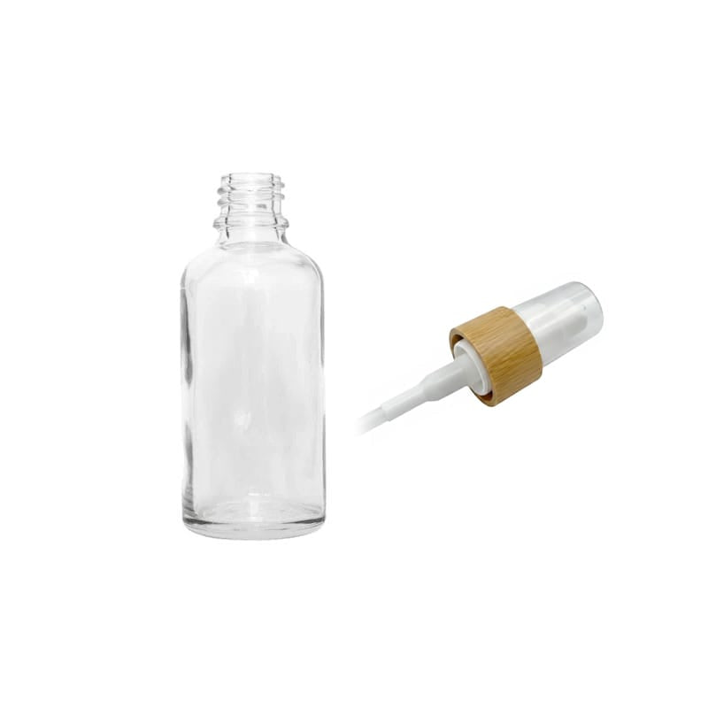 30ml Clear Glass Dropper Bottle with White Lotion Pump with Bamboo Collar and Clear Over Cap