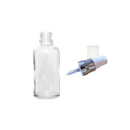 30ml Clear Glass Dropper Bottle with White Lotion Pump with Silver Collar and Clear Over Cap