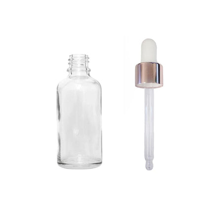 30ml Clear Glass Dropper Bottle with White & Rose Gold Dropper