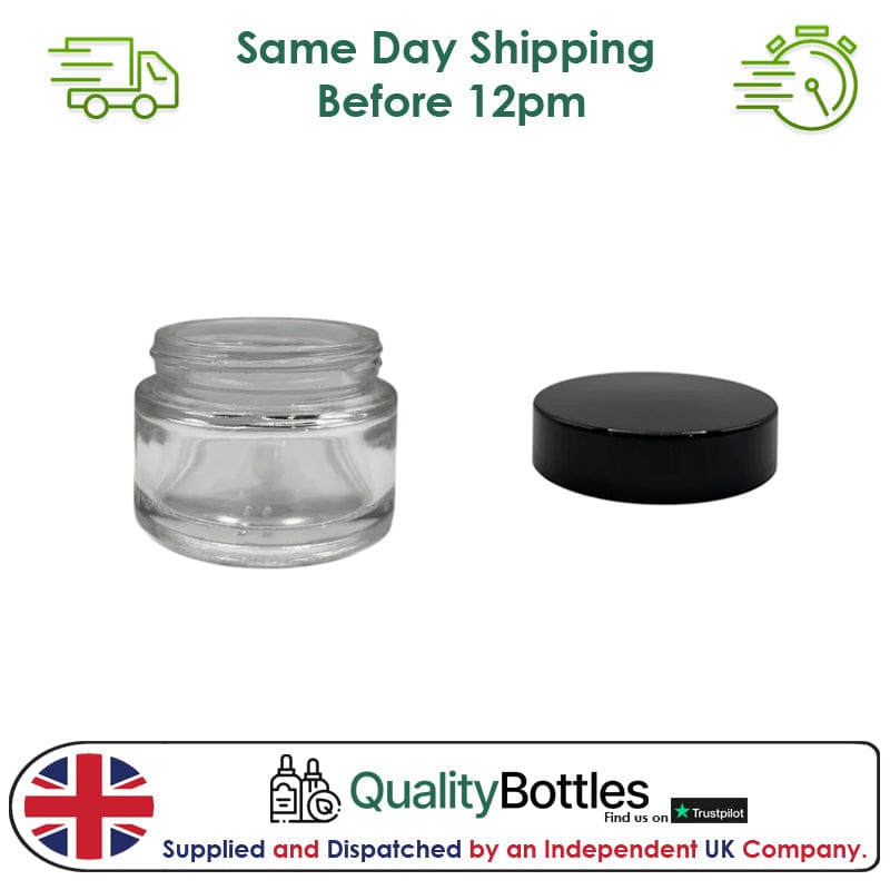 30ml Clear Glass Jar With Black ABS Lid - Pack of 15