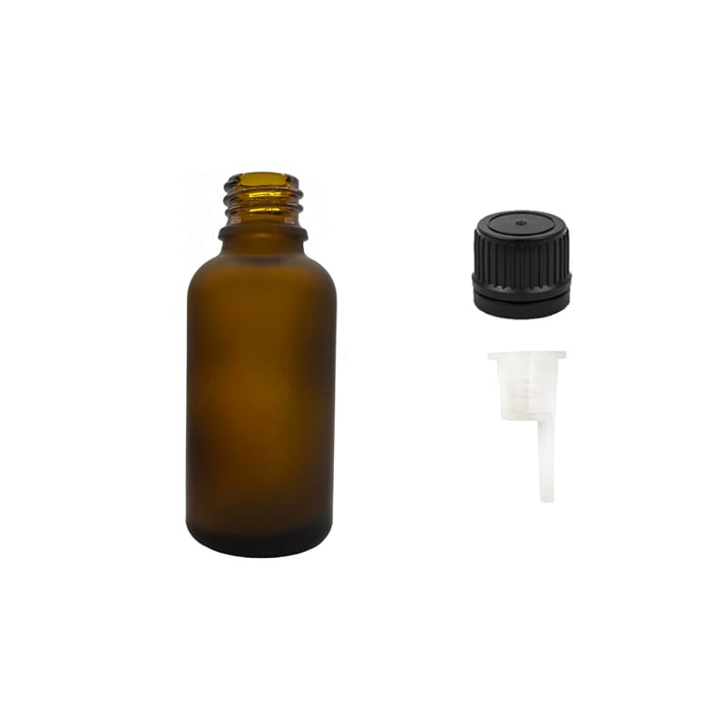 30ml Frosted Amber Glass Dropper Bottle with 0.6mm Dripper Insert and Tamper Evident Black Cap (Type II)