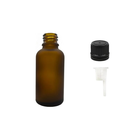 30ml Frosted Amber Glass Dropper Bottle with 0.6mm Dripper Insert and Tamper Evident Black Cap (Type II)