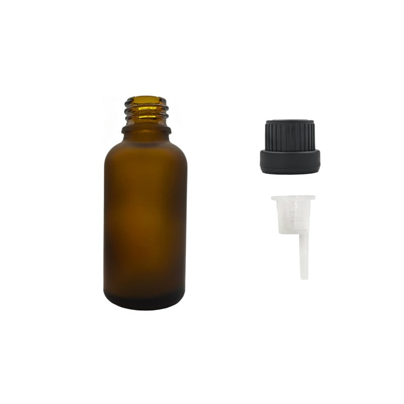 30ml Frosted Amber Glass Dropper Bottle with 0.6mm Dripper Insert and Tamper Evident Black Cap (Type III)