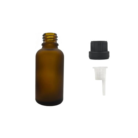 30ml Frosted Amber Glass Dropper Bottle with 0.6mm Dripper Insert and Tamper Evident Black Cap (Type III)