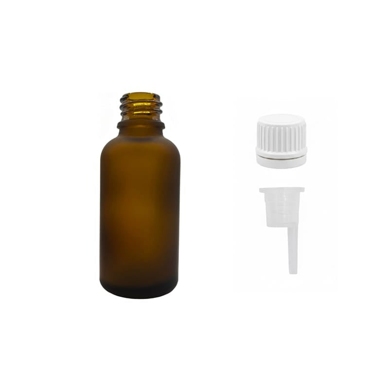 30ml Frosted Amber Glass Dropper Bottle with 0.6mm Dripper Insert and Tamper Evident White Cap (Type II)