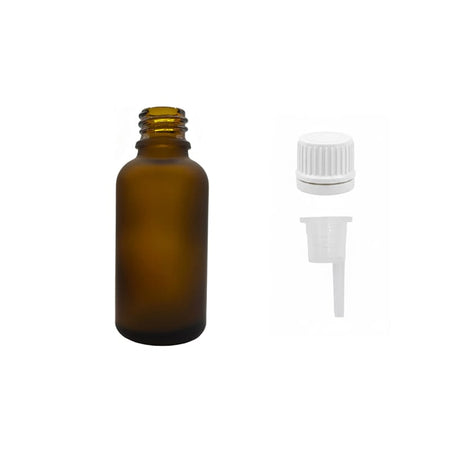 30ml Frosted Amber Glass Dropper Bottle with 0.6mm Dripper Insert and Tamper Evident White Cap (Type II)