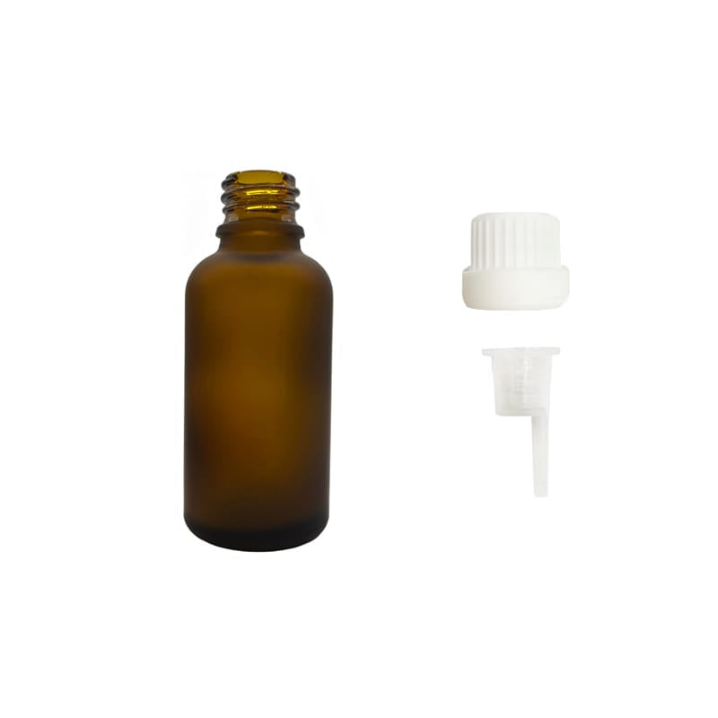 30ml Frosted Amber Glass Dropper Bottle with 0.6mm Dripper Insert and Tamper Evident White Cap (Type III)