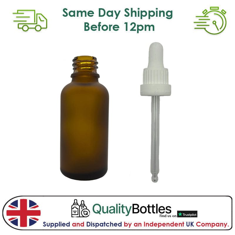 30ml Frosted Amber Glass Dropper Bottle with 30ml White TE BEP - Pack of 12