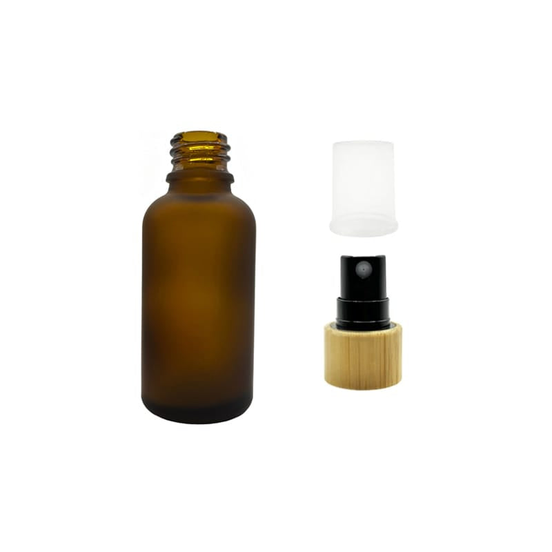 30ml Frosted Amber Glass Dropper Bottle with Black Atomiser with Bamboo Collar and Clear Over Cap
