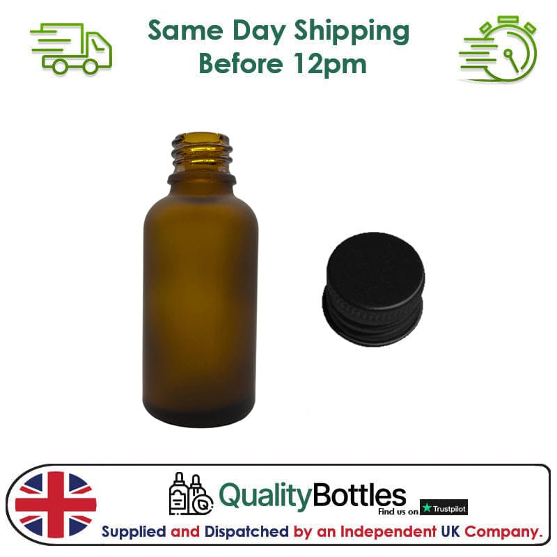 30ml Frosted Amber Glass Dropper Bottle with Black DIN18 Cap - Pack of 12