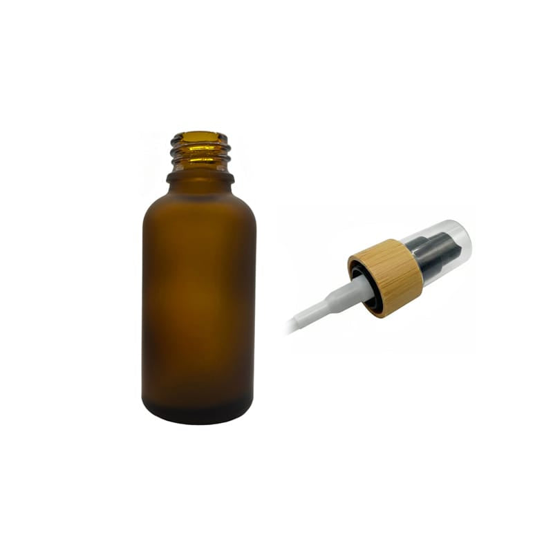 30ml Frosted Amber Glass Dropper Bottle with Black Lotion Pump with Bamboo Collar and Clear Over Cap