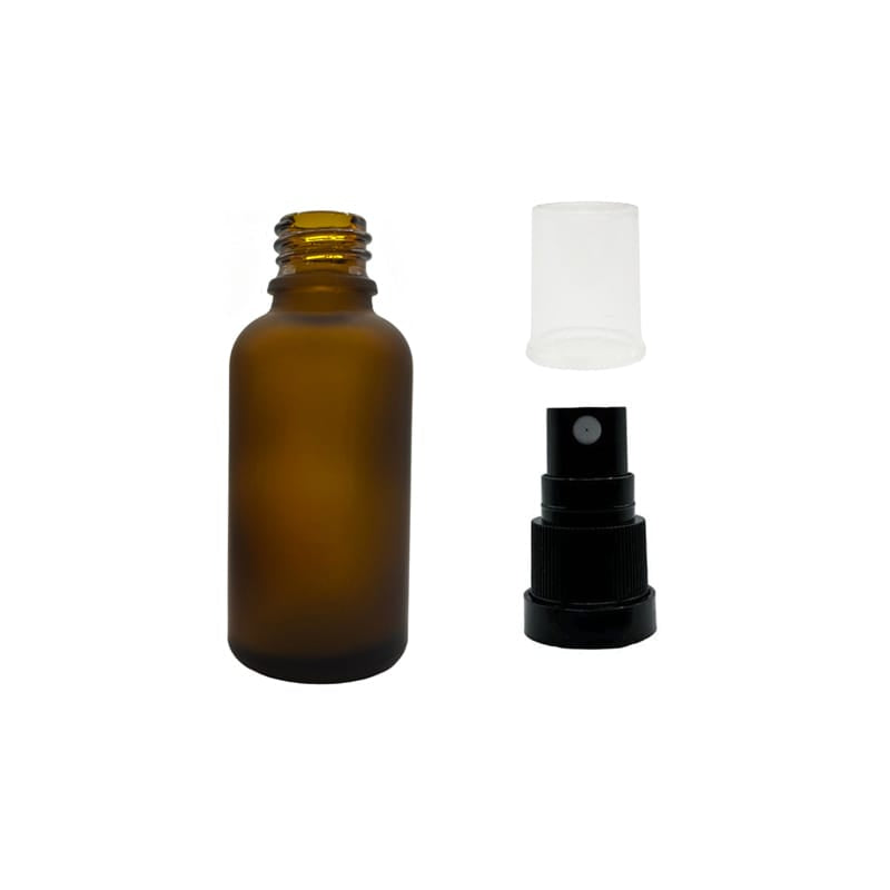 30ml Frosted Amber Glass Dropper Bottle with Black Tamper Evident Atomiser and Clear Over Cap (Type III)