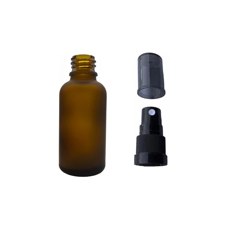 30ml Frosted Amber Glass Dropper Bottle with Black Tamper Evident Atomiser and Smoke Tinted Over Cap (Type III)