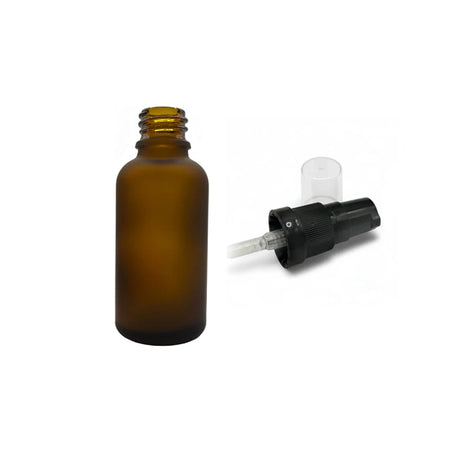 30ml Frosted Amber Glass Dropper Bottle with Black Tamper Evident Lotion Pump and Clear Over Cap (Type III)