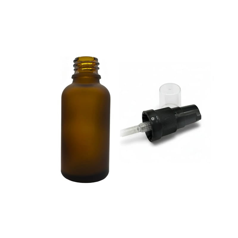 30ml Frosted Amber Glass Dropper Bottle with Black Tamper Evident Lotion Pump and Clear Over Cap (Type III)