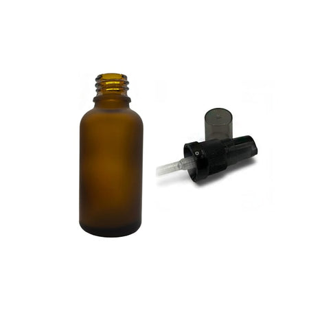 30ml Frosted Amber Glass Dropper Bottle with Black Tamper Evident Lotion Pump and Smoke Tinted Over Cap (Type III)