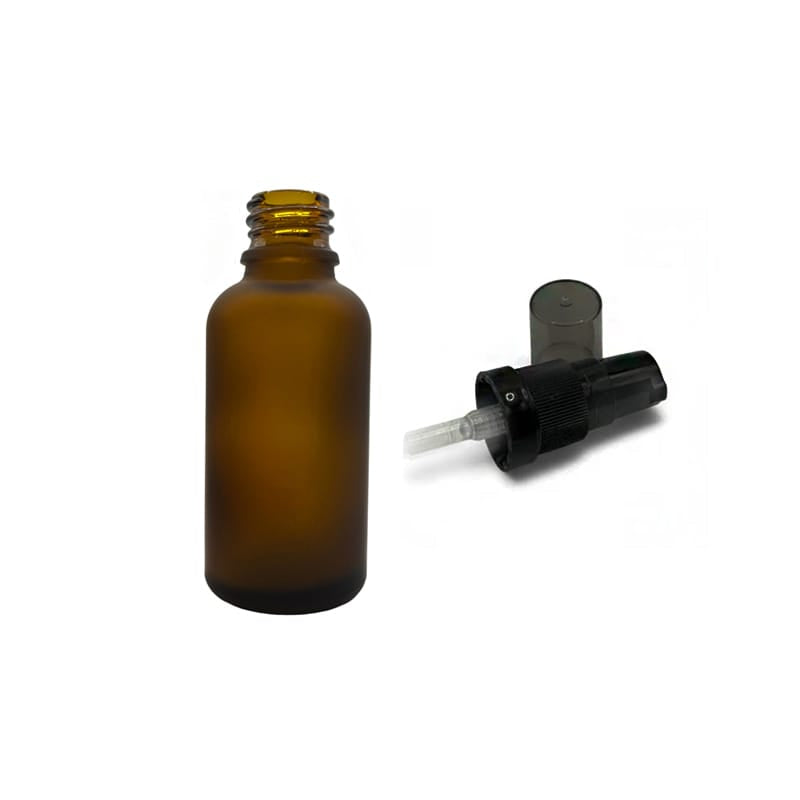 30ml Frosted Amber Glass Dropper Bottle with Black Tamper Evident Lotion Pump and Smoke Tinted Over Cap (Type III)