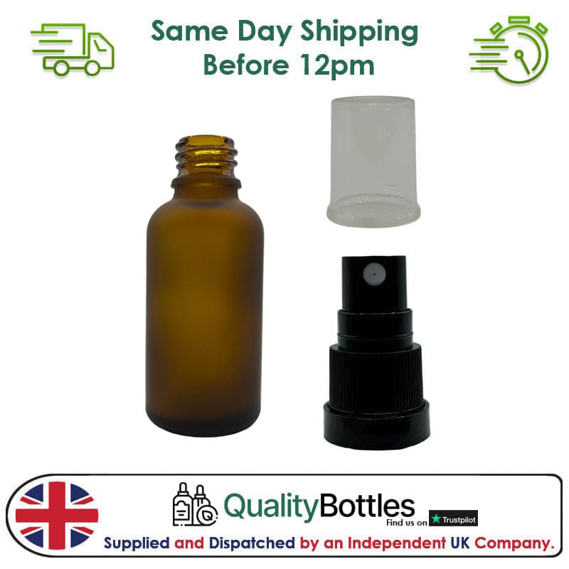 30ml Frosted Amber Glass Dropper Bottle with Black TE Atomiser - Pack of 12