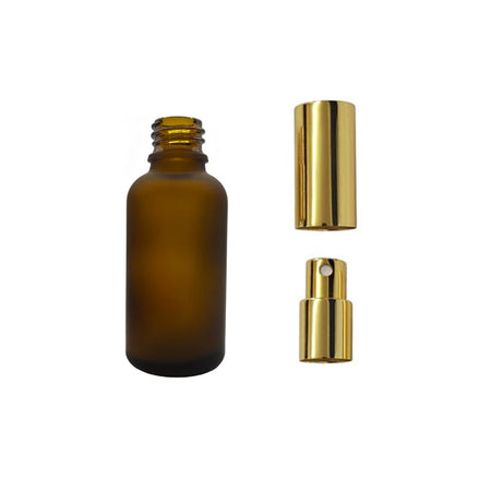 30ml Frosted Amber Glass Dropper Bottle with Gold Atomiser with Gold Over Cap