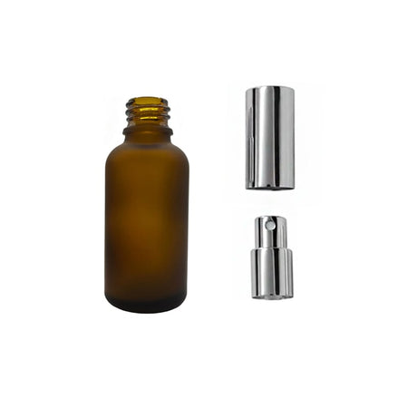30ml Frosted Amber Glass Dropper Bottle with Silver Atomiser with Silver Over Cap