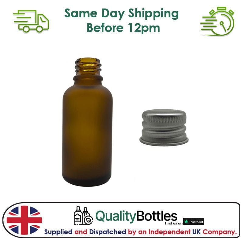 30ml Frosted Amber Glass Dropper Bottle with Silver DIN18 Cap - Pack of 12