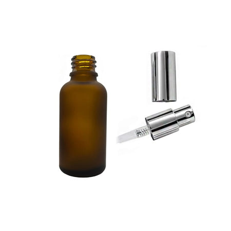 30ml Frosted Amber Glass Dropper Bottle with Silver Lotion Pump with Silver Over Cap