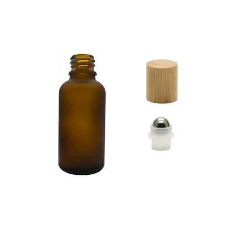 30ml Frosted Amber Glass Dropper Bottle with Stainless Steel Roller Ball Insert with Bamboo Cap