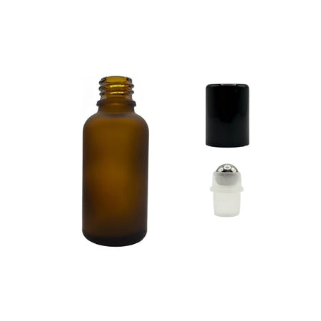 30ml Frosted Amber Glass Dropper Bottle with Stainless Steel Roller Ball with Metal Gloss Black Cap