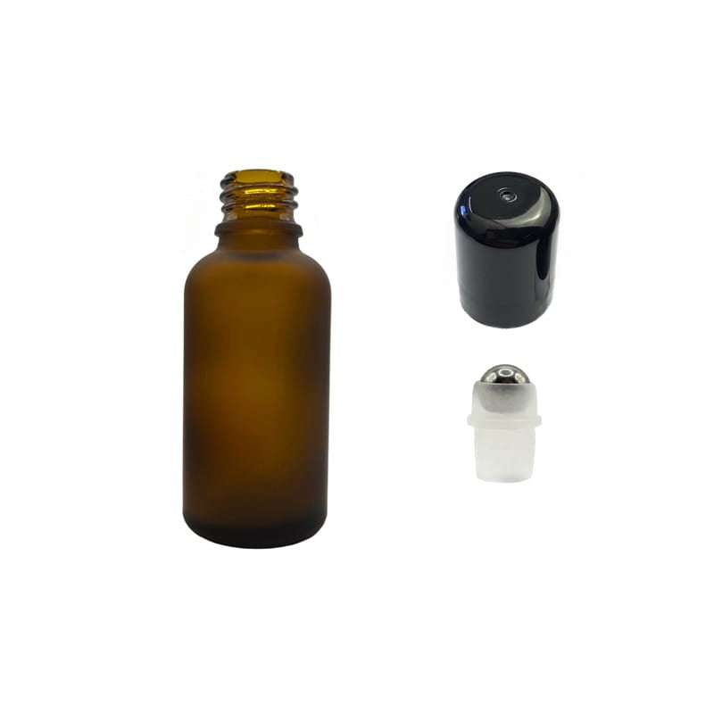 30ml Frosted Amber Glass Dropper Bottle with Stainless Steel Roller Ball with Plastic Black Cap