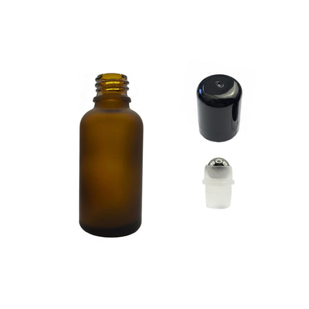 30ml Frosted Amber Glass Dropper Bottle with Stainless Steel Roller Ball with Plastic Black Cap