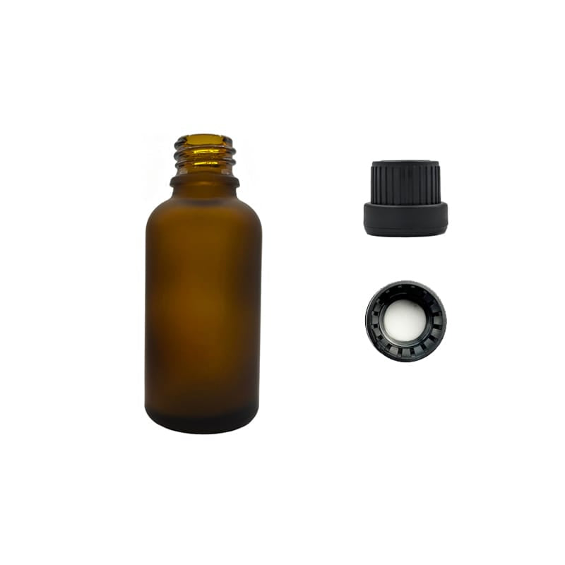 30ml Frosted Amber Glass Dropper Bottle with Tamper Evident Ribbed Black Cap and EPE Liner (Type III)