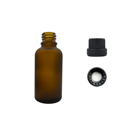 30ml Frosted Amber Glass Dropper Bottle with Tamper Evident Ribbed Black Cap and EPE Liner (Type III)