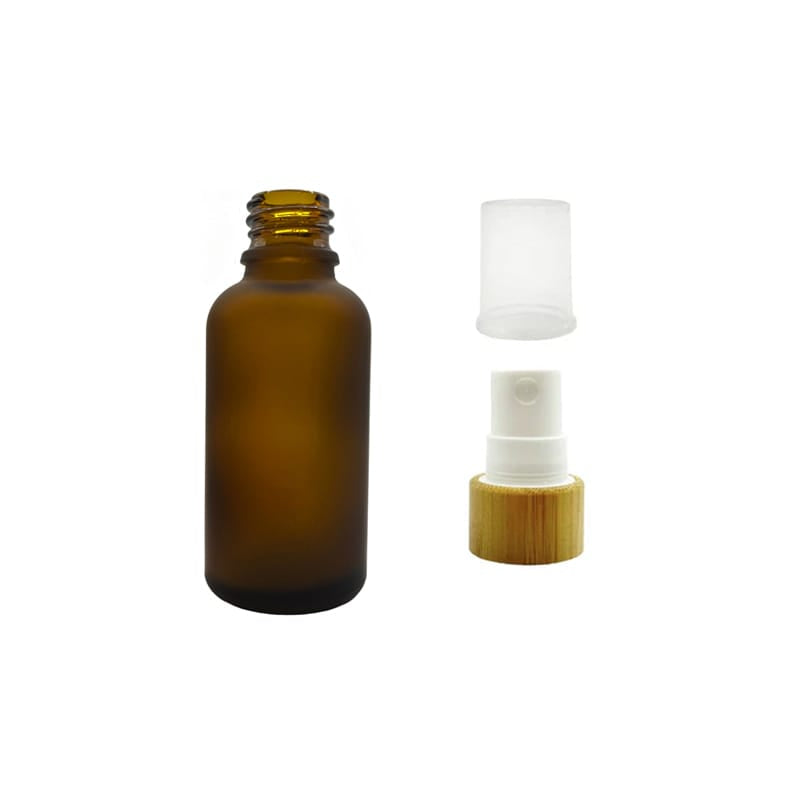 30ml Frosted Amber Glass Dropper Bottle with White Atomiser with Bamboo Collar and Clear Over Cap