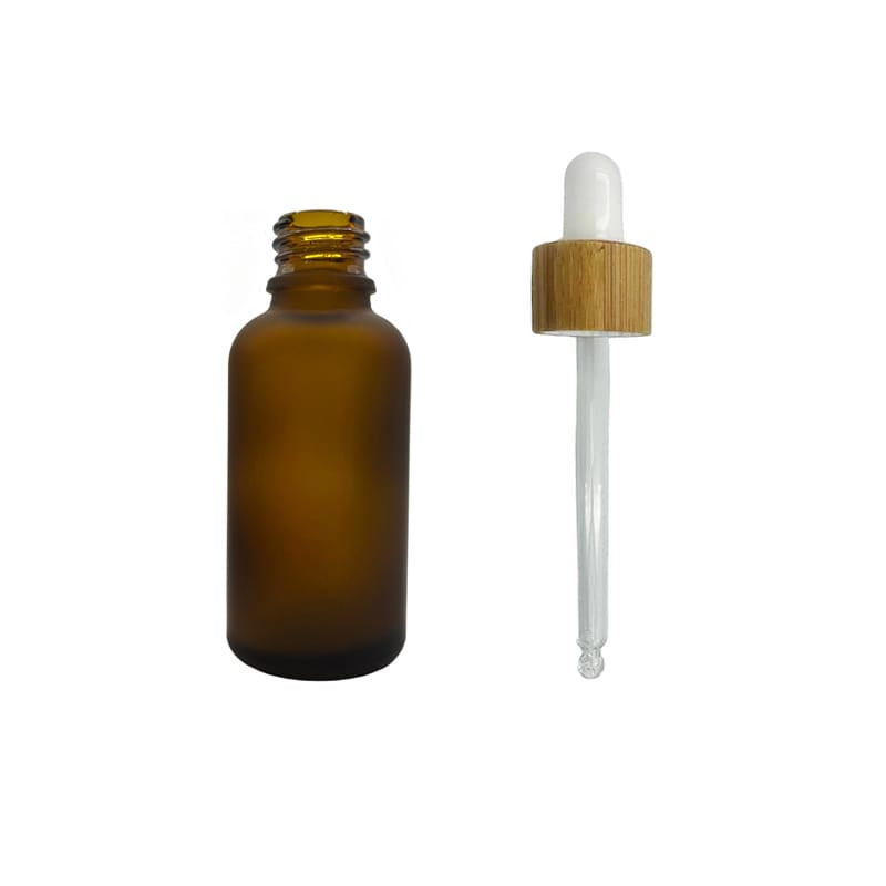 30ml Frosted Amber Glass Dropper Bottle with White Bamboo Dropper