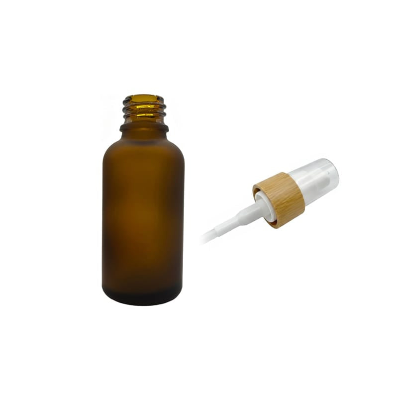 30ml Frosted Amber Glass Dropper Bottle with White Lotion Pump with Bamboo Collar and Clear Over Cap