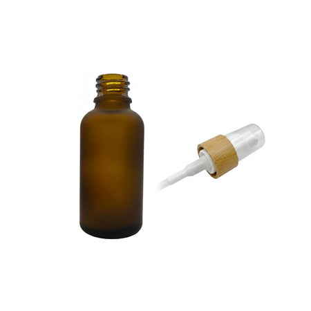 30ml Frosted Amber Glass Dropper Bottle with White Lotion Pump with Bamboo Collar and Clear Over Cap