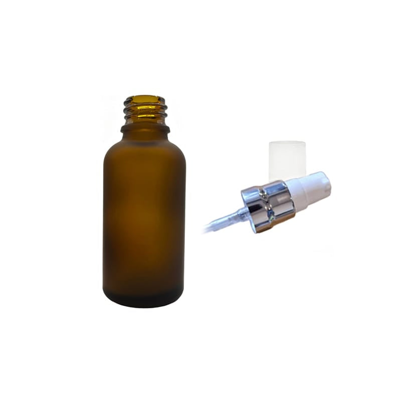 30ml Frosted Amber Glass Dropper Bottle with White Lotion Pump with Silver Collar and Clear Over Cap