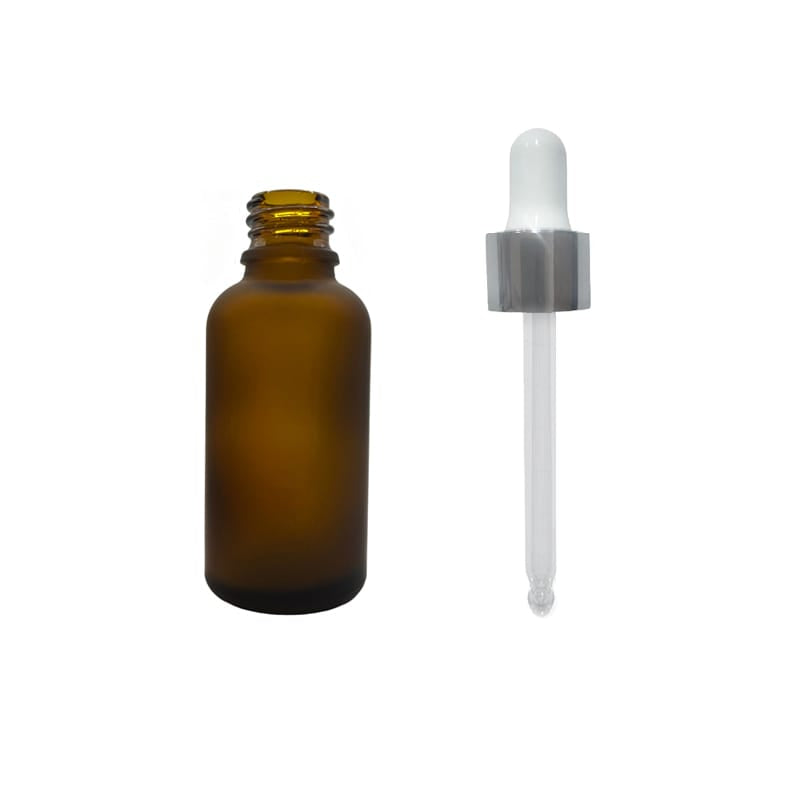30ml Frosted Amber Glass Dropper Bottle with White & Silver Dropper