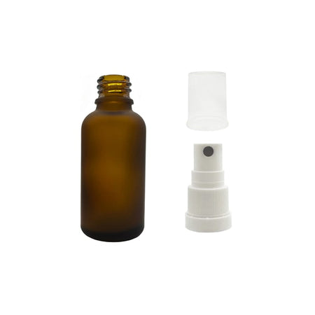 30ml Frosted Amber Glass Dropper Bottle with White Tamper Evident Atomiser and Clear Over Cap (Type III)