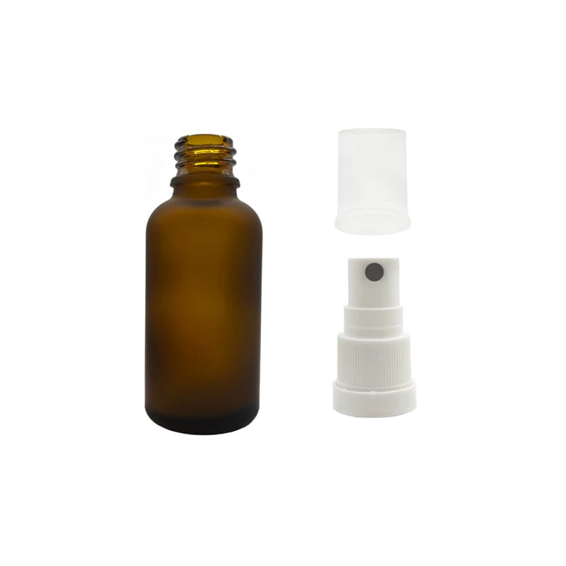 30ml Frosted Amber Glass Dropper Bottle with White Tamper Evident Atomiser and Clear Over Cap (Type III)