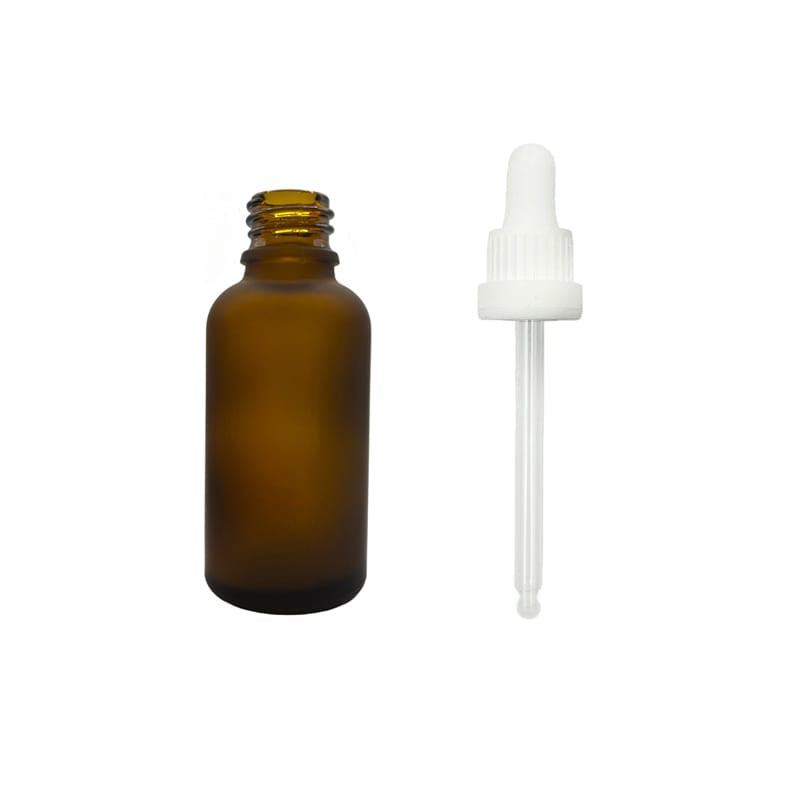30ml Frosted Amber Glass Dropper Bottle with White Tamper Evident Dropper (Type III)