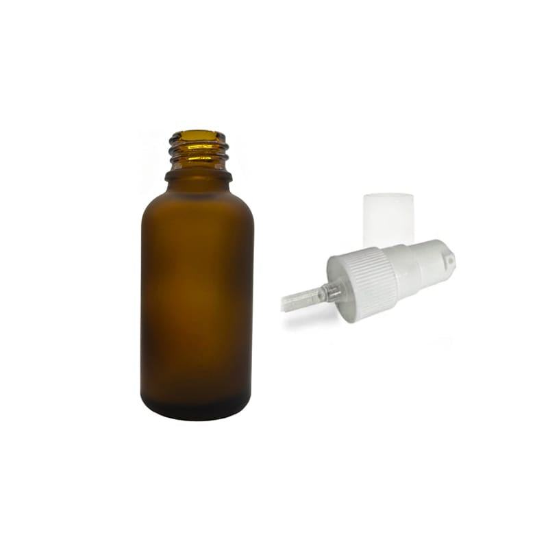 30ml Frosted Amber Glass Dropper Bottle with White Tamper Evident Lotion Pump and Clear Over Cap (Type III)