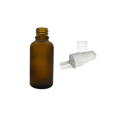 30ml Frosted Amber Glass Dropper Bottle with White Tamper Evident Lotion Pump and Clear Over Cap (Type III)