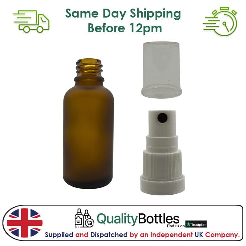 30ml Frosted Amber Glass Dropper Bottle with White TE Atomiser - Pack of 12